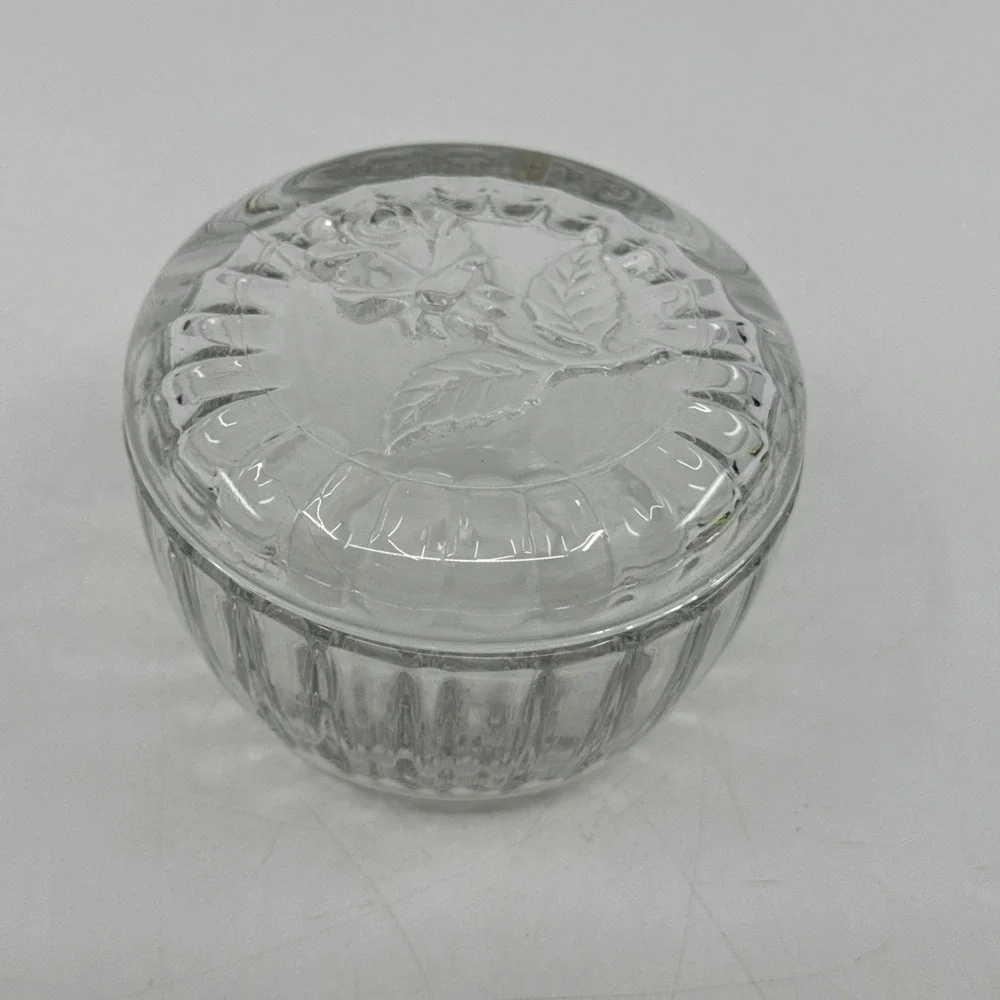 Crystal Glass Trinket Dish Etched Rose Lid Italian 2.5